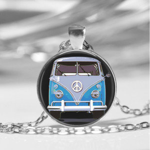 Retro Hippie Bus Photo Pendant Necklace or Key Chain 
