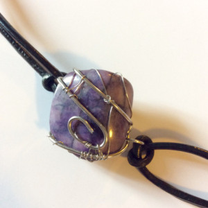Wire wrapped polished stone leather bracelet, Purple bracelet