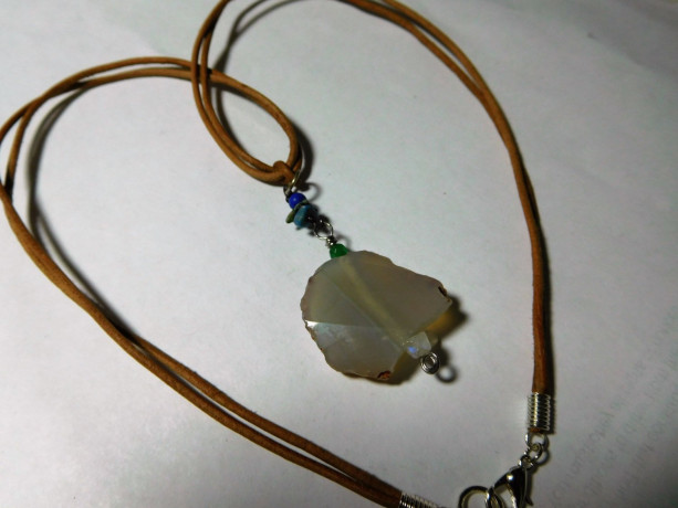 Natural Leather necklace with Grey Agate stone pendant and lapis lazuli, Moon Stone, and Emerald stone beads. #N0099