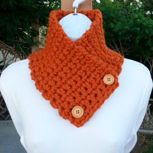 NECK WARMER SCARF, Solid Bright Burnt Orange Buttoned Cowl, Acrylic Wool Blend, Wood Buttons, Thick Crochet Knit..Ready to Ship in 3 Days