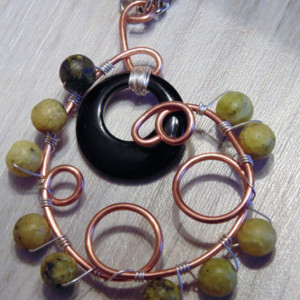 Wire Wrapped Necklace, Natural Copper, Black Agate and Cat's Eye Pendant