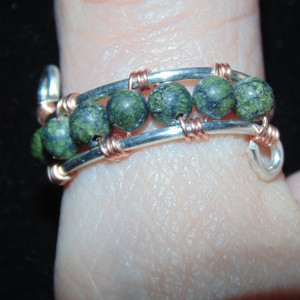Wire Wrapped Thumb Ring, Sterling Silver, Natural Copper and Russian Serpentine