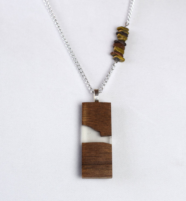 Wood and Resin Pendant - Handmade with Stone Accented Chain