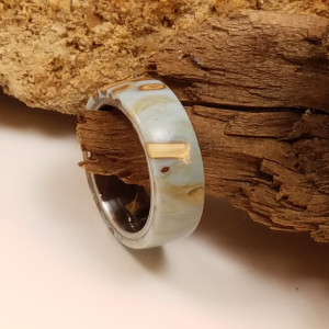 Size 8 1/4  olive twigs set in baby blue and gold resin on a stainless comfort fit band