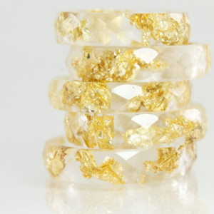 Resin Ring - Clear Eco Resin Faceted Ring with Gold Flakes