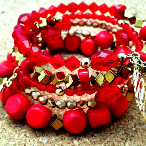Memory Wire Bracelet, Chunky Aurora Red Gold Boho Wrap Beaded Bracelet, Trendy Valentines Day Gift Guide Items for Moms Daughters Sisters