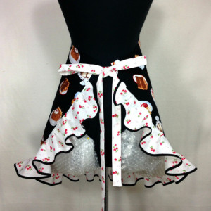 Retro Kitchen Apron for Women , Cherry Desserts on Black with matching ruffle , Pin up girl