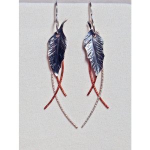 Sterling Silver Feather Leaf Earrings with Sterling and Copper Dangles Handmade
