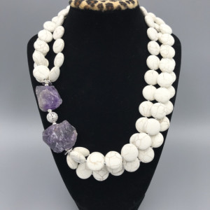 Chunky White Howlite Statement Necklace, White Chunky Necklace, Bead Necklace, Amethyst Necklace, MultiStrand Necklace, White Stone Necklace