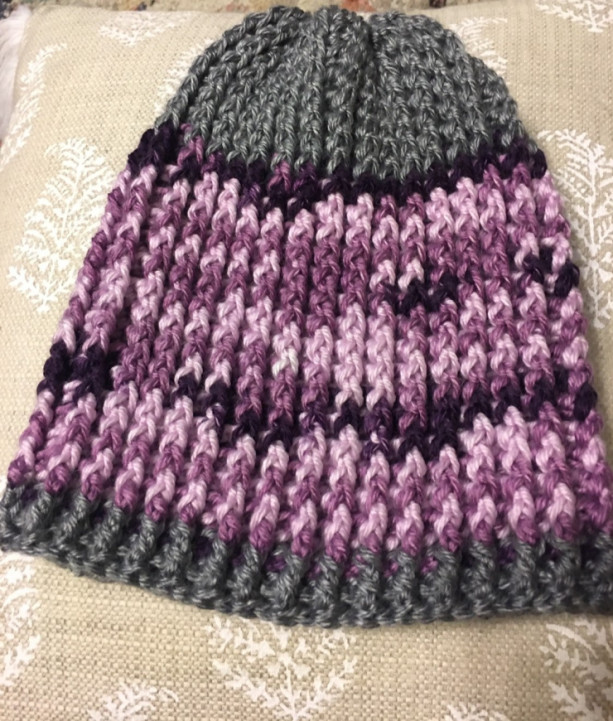 Girls purple and grey beanie hat