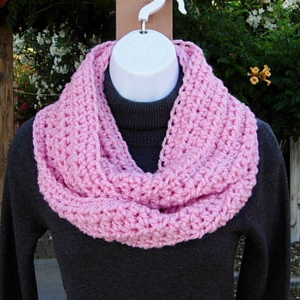 Women's Pink INFINITY COWL SCARF Solid Light Pink, Soft Lightweight Crochet Knit Small Winter Circle Loop, Neck Warmer..Ready to Ship in 3 Days