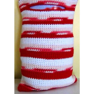 Crocheted Tote Bag -  Cotton Tote - Red, Blush, White Stripe - Reusable 10" x 15" Gift Bag - Valentine - Christmas