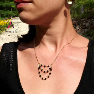 Gold black layered look necklace wire wrapped handmade beaded bib