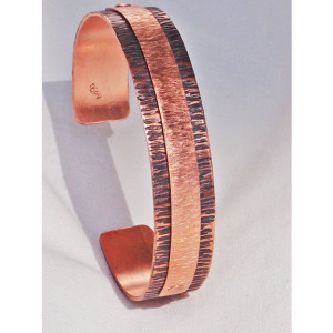 Copper Bracelet with Patinated Bark Texture and Bark Textured Copper Overlay Hand Forged
