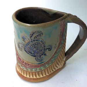 Sea Turtle Pottery Mug Coffee Cup Handmade Stoneware Tableware Microwave and Dishwasher Safe 12 oz