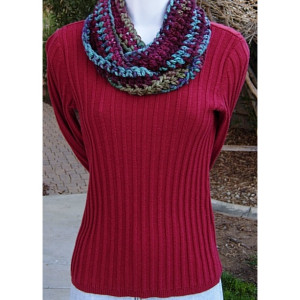  Women's Small Winter INFINITY SCARF Burgundy, Dark Red, Green, Blue Loop Cowl, Soft Lightweight Short Crochet Knit, Ready to Ship in 2 Days