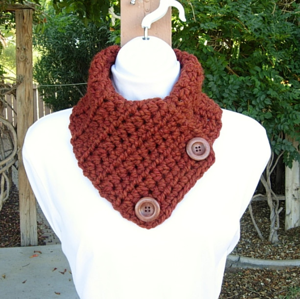 NECK WARMER SCARF Spice Dark Rust Burnt Orange Gold, Wool Blend, Wood Buttons, Soft Thick Winter Crochet Knit Cowl, Ships in 3 Business Days