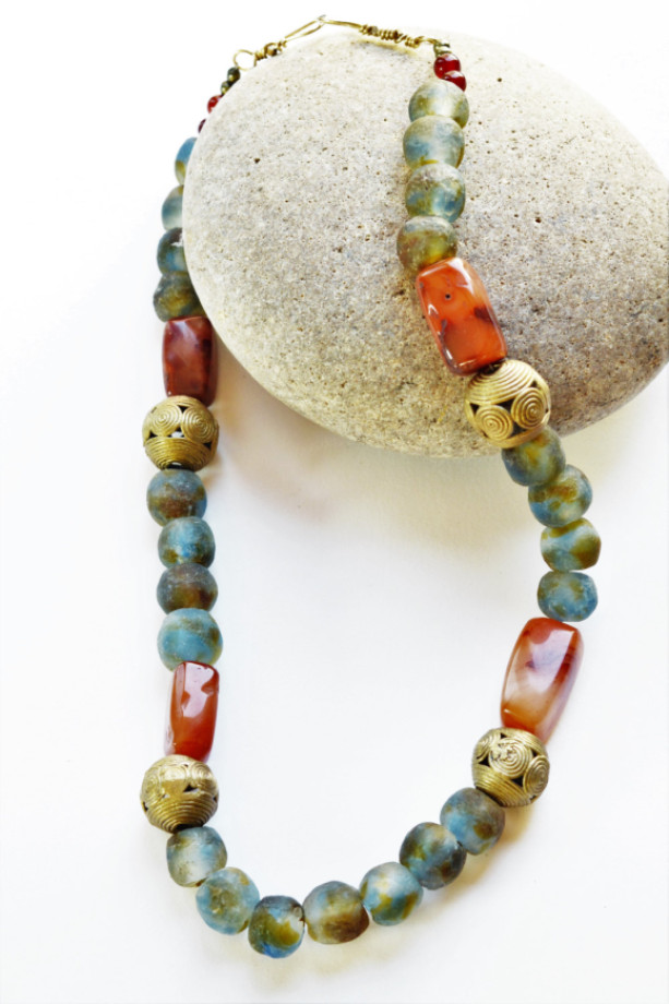 Tribal necklace Agate beads, Ethnic necklace, African necklace, African jewelry, Ghana beads, Brass necklace, Beaded necklace, recycle glass