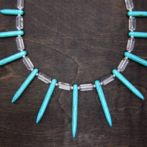 Turquoise Dyed Howlite and Crystal Clear Quartz 22 Inch Necklace with Sterling Silver Handmade Toggle Clasp Modern Classic