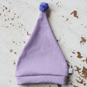 0-3 mo Elf - Hobbit - Gnome - Dwarf Hat with PomPom Tail. Newborn hat in violet cotton fabric.