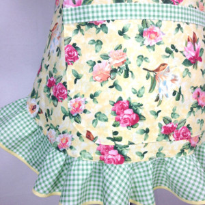 Flower Print Apron for Women, Roses and Magnolias on Yellow with Green Check Ruffle, Retro Kitchen Decor