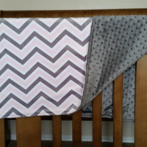 Baby blanket, pink and gray chevron with dot material