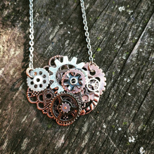 Copper Industrial Neo-Victorian Repurposed Handmade Ooak Filigree Lace Riveted Collage Necklace