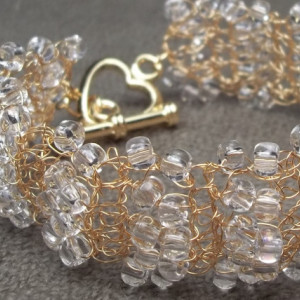 Crystal Seed Bead Bracelet Crocheted Bridal Vintage Style Wedding Cuff Jewelry Gold Plated Wire