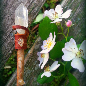 Quartz and Citrine Pine Wand-Sienna Leather Handle,-Wiccan, Magical Altar Tool