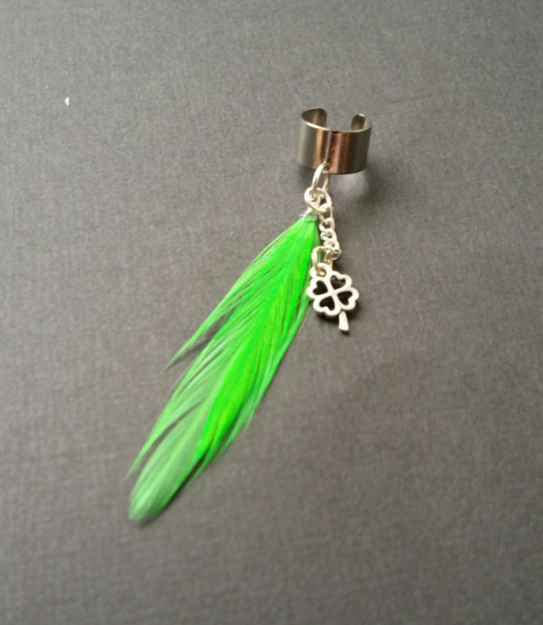 Bright Green Feather Ear Cuff w/ 4 Leaf Clover / Shamrock Earring 
