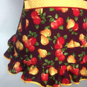 Ruffled Kitchen Apron for Women, Apples and Pears on Plum with Yellow trim, Retro Decor