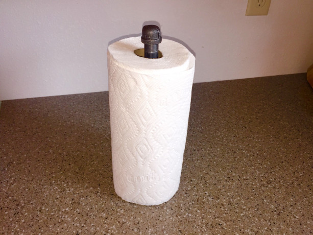 Industrial Black Metal Pipe Countertop Paper Towel Roll Holder with White Wood Base