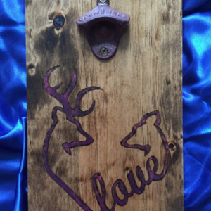 Wall Mounted Bottle Opener Featuring Hand Burned Pink Camo Deer Love Symbol