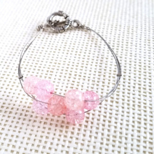 Pink crackle glass bead bracelet, Three strand tiger tail bracelet