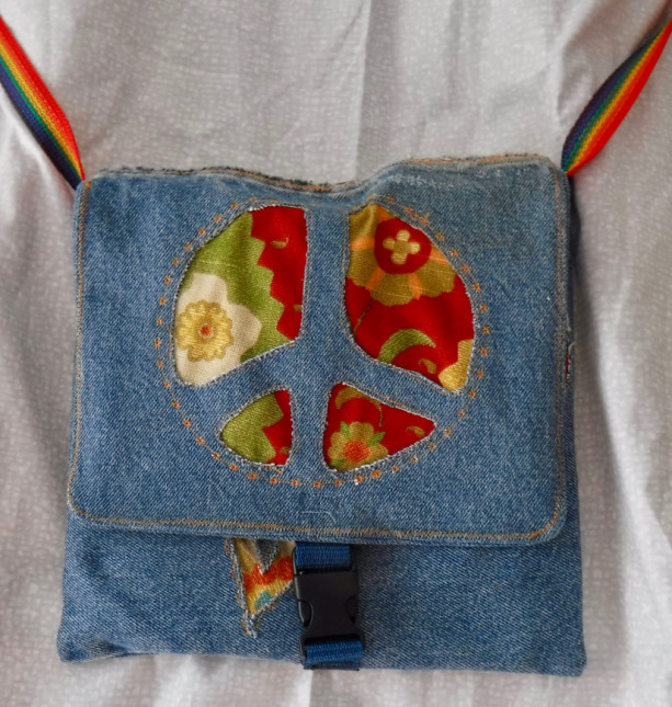 Peace out and Love shoulder bag made from up cycled fabric