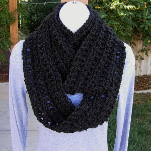 INFINITY SCARF Loop Cowl, Solid Black Extra Soft Acrylic Long Crochet Knit Warm Lightweight Winter Circle Eternity, Neck Warmer..Ready to Ship in 3 Days