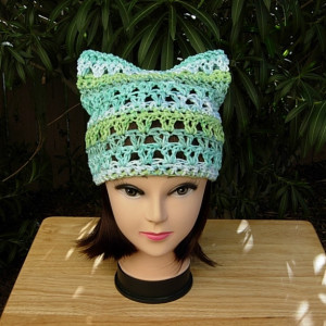 Earth Day, Women's March for Science Pussy Cat Hat, Sea Green, Light Blue & White PussyHat Summer 100% Cotton Lightweight Crochet Knit, Ready to Ship in 3 Days