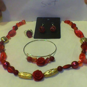 Homemade Red Rose Jewelry Set necklace, ring, earrings, bangle bracelet