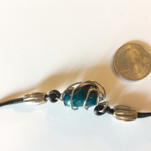 Wire wrapped blue polished stone bracelet, leather bracelet