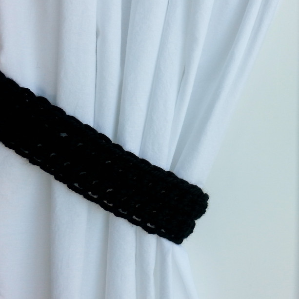 Black Curtain Tie Backs, Curtain Tiebacks, One Pair, Solid Basic Pure Black Holdbacks, Drapery Holders, Soft Crochet Knit, Ships in 3 Business Days