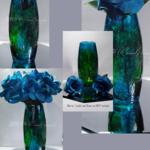 Duo Color Blue Green Crackle Leaded Crystal Glass Hand Stained Vase 