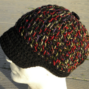 Dark Multiple Colors Crocheted Medium Beanie with a Visor - Handmade by Michaela