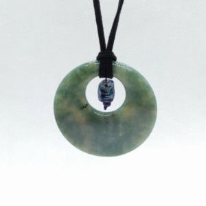Jade-style Marbled Pendant with Small Iridescent Blue Glass Drop Bead on Black Leather Cord by Cumulus Luci