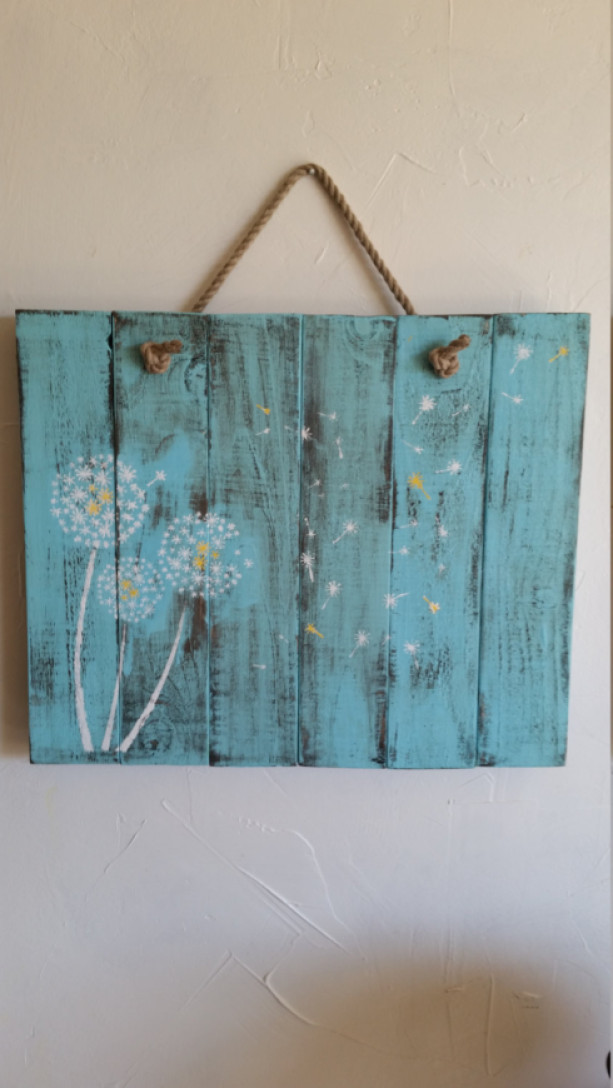Rustic, handmade and hand painted dandelion wall hanging