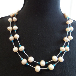 Freshwater Pearl and Neon Apatite endless knotted necklace