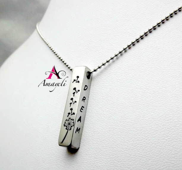 Dandelion necklace, bar necklace, bar pendant, silver bar necklace, handstamped necklace, personalized bar necklace, unisex necklace pendant