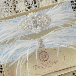 Blue Lace Garter Set with Rhinestones & Ostrich Feathers