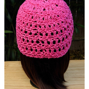 Solid Hot Pink Summer Beanie, 100% Cotton Lacy Skull Cap, Women's Crochet Knit Dark Pink Hat, Raspberry Chemo Cap, Ready to Ship in 3 Days