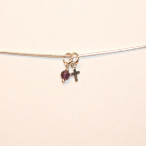 Tiny Cross with Amethyst Gem Drop on Sterling Silver Snake Chain