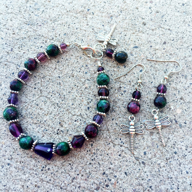 Semiprecious zoisite stones, glass, silver-toned spacers and dragonfly charm bracelet and earrings